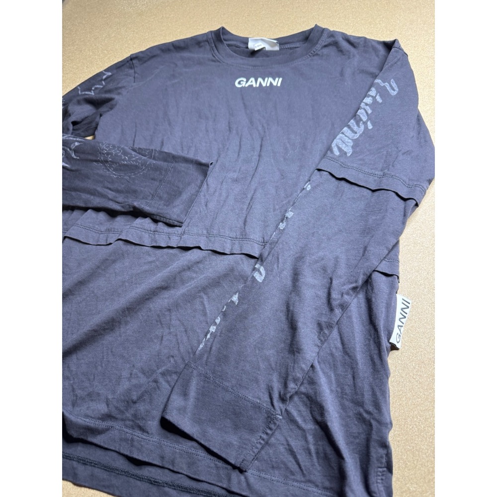 Ganni Living in the Future Layered Graphic Long Sleeve Tee Gray XS